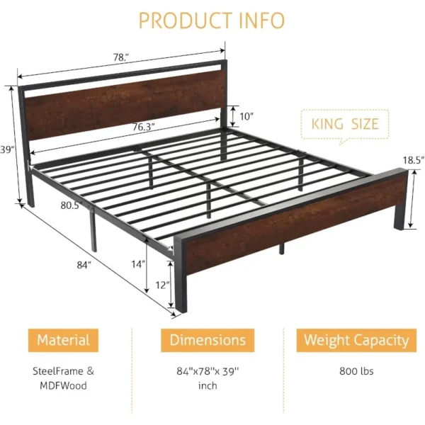 King Metal Platform Bed Frame with Mahogany Wood