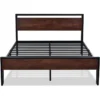 King Metal Platform Bed Frame with Mahogany Wood Panel