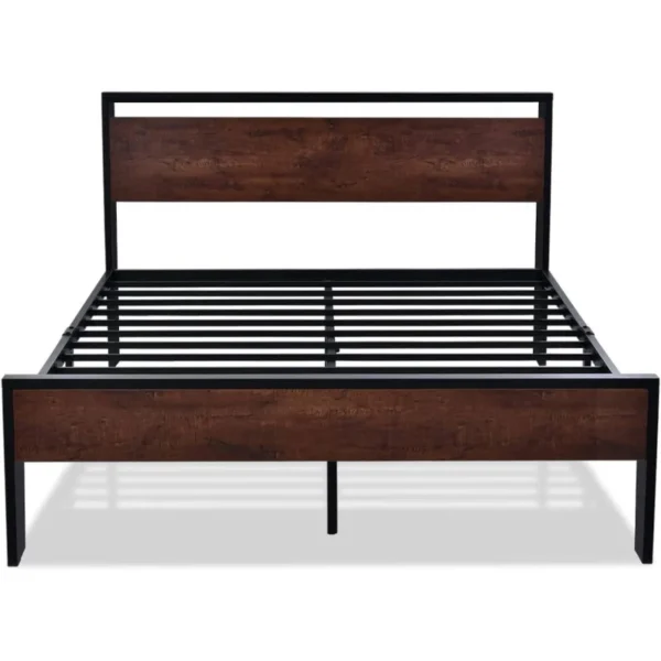 King Metal Platform Bed Frame with Mahogany Wood Panel