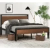 Queen Metal Platform Bed with Walnut Finish Wood Panel Headboard Footboard