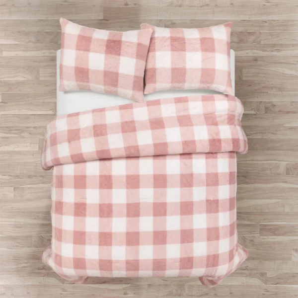 Full Queen Size Plaid Soft Faux Fur Comforter Set Pink