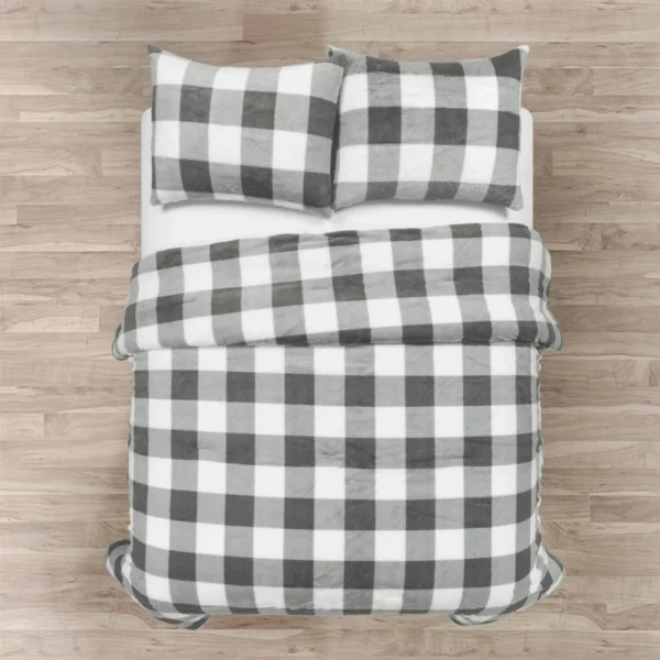 King Size Plaid Soft Faux Fur Comforter Set Black