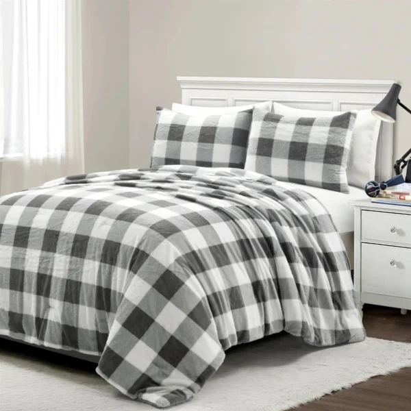 King Size Plaid Soft Faux Fur Comforter Set Black White