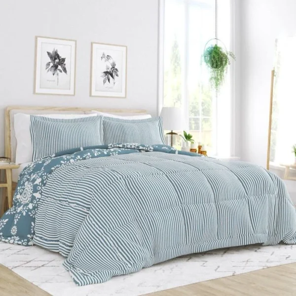 King size Piece Blue and White Reversible Floral Striped Comforter