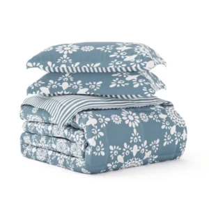 King size Piece Blue and White Reversible Floral Striped Set