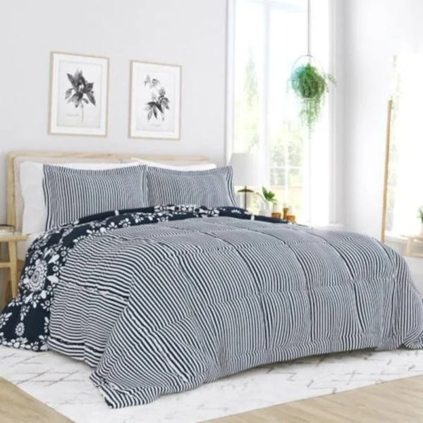 King size Piece Navy Blue White Reversible Floral Striped Comforter