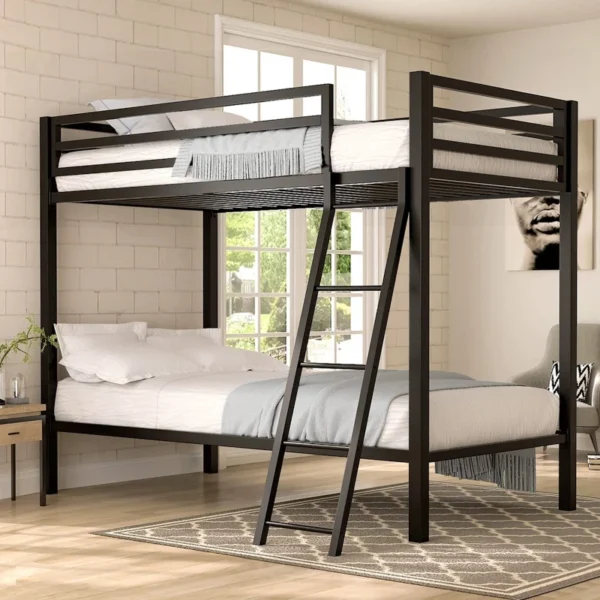 Twin over Twin Modern Metal Bunk Bed Frame in Black Finish Ladder