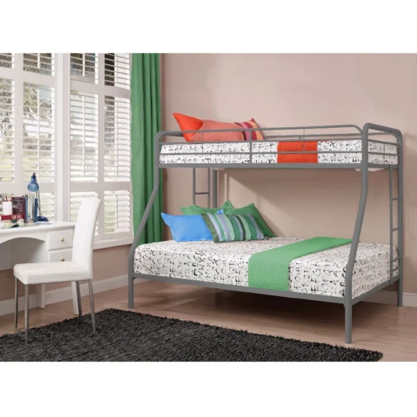 Twin over Full size Sturdy Metal Bunk Bed Silver Finish