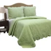 Queen Green Cotton Quilt Bedspread with Scalloped Borders