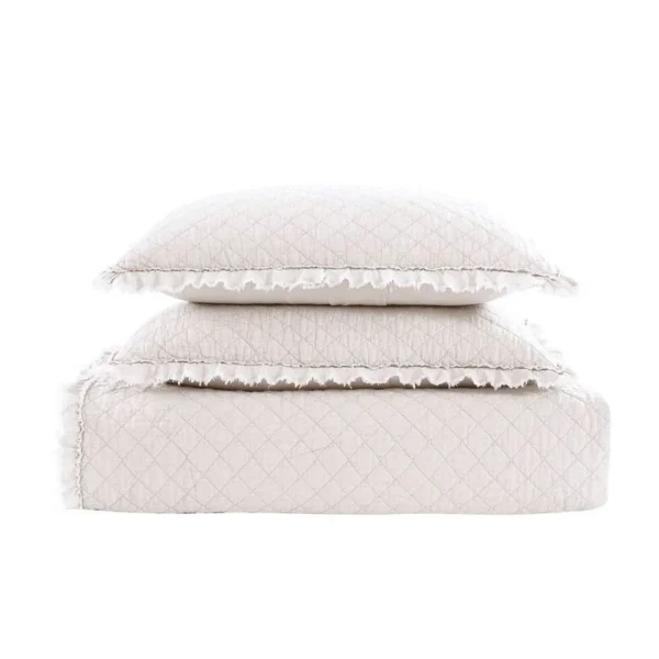 Full Queen White Farmhouse Microfiber Diamond Quilted Bedspread Set Frayed