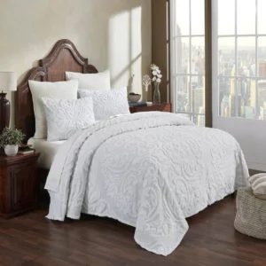 Full Size Percent Cotton Chenille Piece Coverlet Bedspread Set White