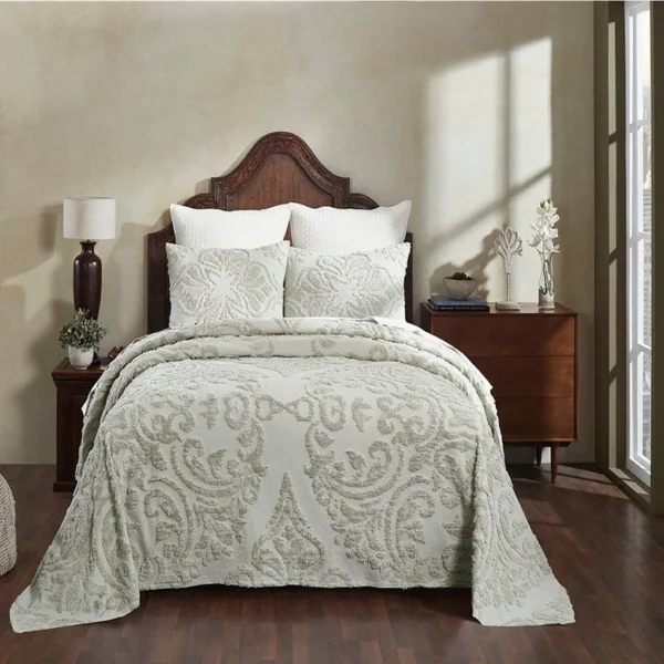 Full Size Cotton Chenille Piece Coverlet Bedspread Set Sage