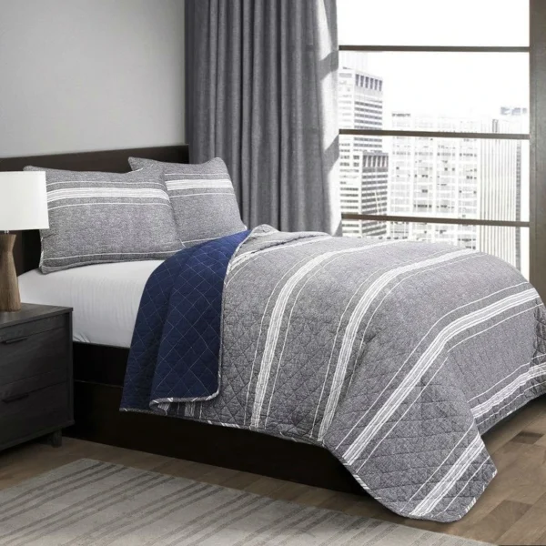 Queen Gray Navy Stripe Motif % Cotton Reversible Quilt Coverlet Bedspread Set