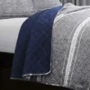 Queen Gray Navy Stripe Motif Reversible Quilt Coverlet Bedspread Set