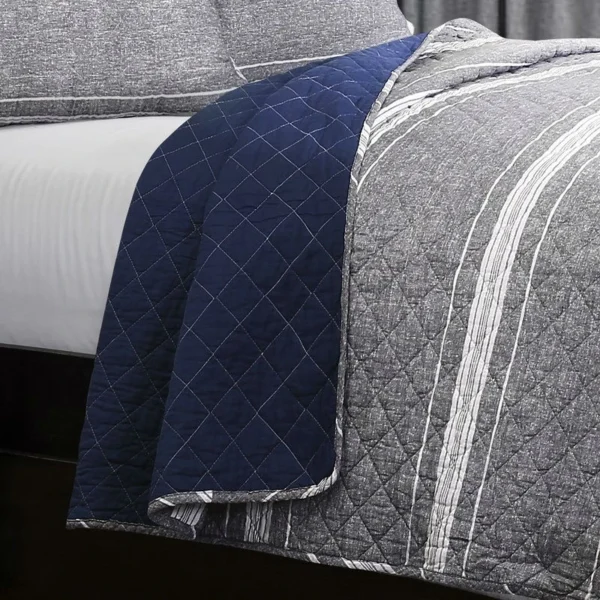 Queen Gray Navy Stripe Motif Reversible Quilt Coverlet Bedspread Set