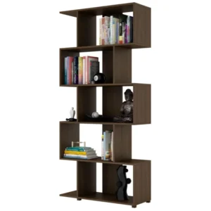 Modern Zig Zag Bookcase with Shelves in Dark Brown Finish