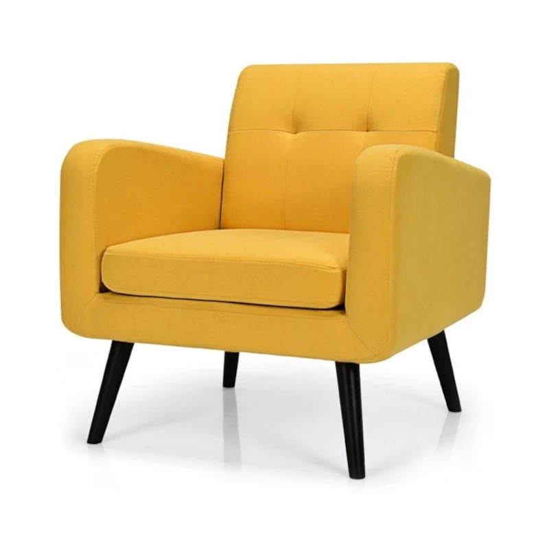 Mid Century Modern Yellow Linen Upholstered Accent Chair with Wooden Legs
